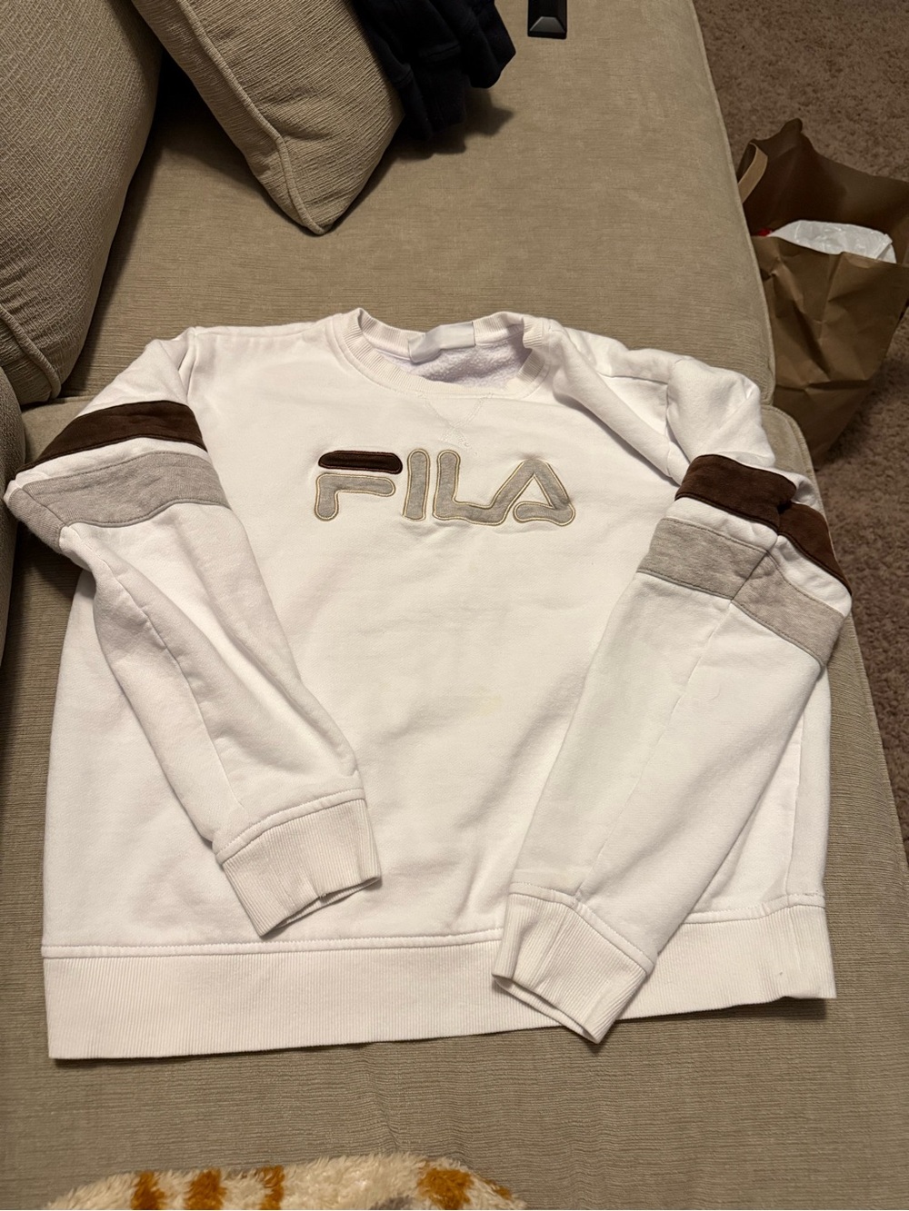 FILA White Crewneck Sweatshirt with Brown & Gray Stripes